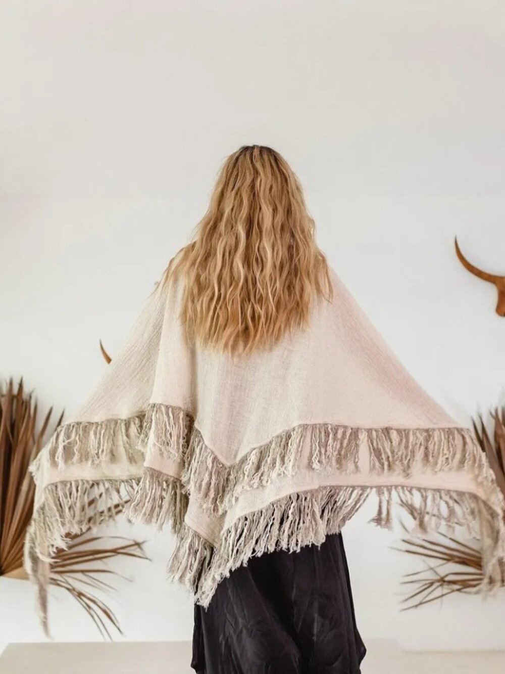 Linen Boho Shawl with Fringe Beige - Picture 2 of 4
